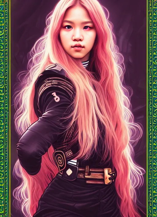 Image similar to jossi of blackpink, female soldier, tarot card, highly detailed, digital painting, smooth, sharp focus, illustration, ultra realistic, 8 k, art by artgerm and alphonse mucha