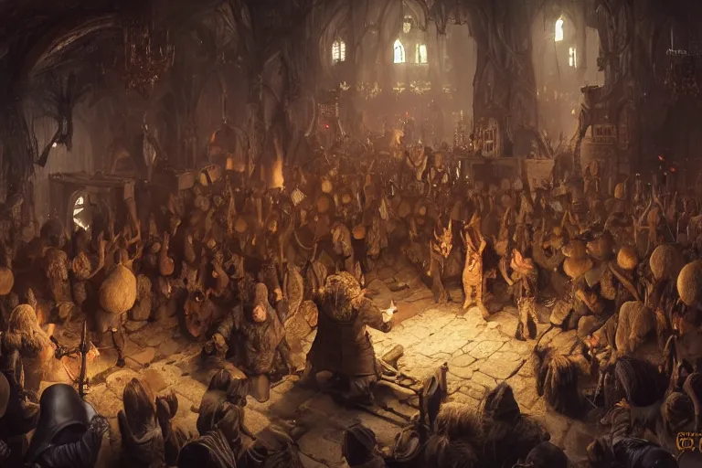 Prompt: Beautiful hyperrealistic detailed matte portrait painting of a goblin rap battle in underground tavern that looks like it's from lord of the rings and bazaar by greg rutkowski, andreas rocha and john howe, and Martin Johnson Heade,featured on artstation, ultrawide angle,f16 , golden ratio, f32, well composed, cohesive