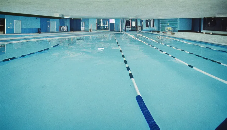 Image similar to 1 9 6 0 s movie still of empty blue tiles swimmingpool, cinestill 8 0 0 t 3 5 mm, high quality, heavy grain, high detail, panoramic, ultra wide lens, cinematic composition, dramatic light, flares, anamorphic, liminal space