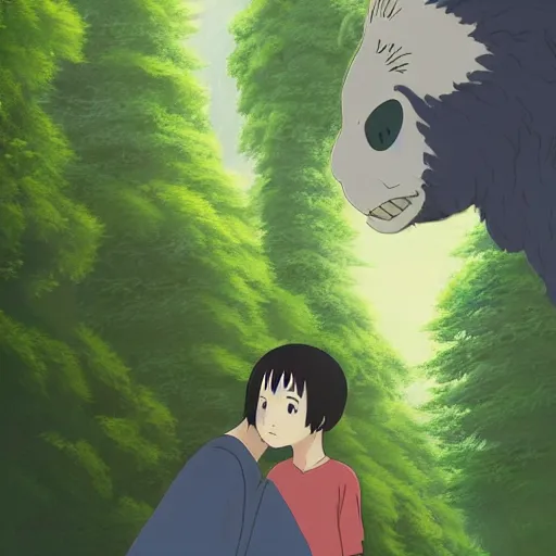 Image similar to guy and a friendly creature in the spirited away style, 4k art, high detail, smooth, anime beautiful peace scene, detailed face, studio ghibli, sharp focus high quality, fantasy, forest, detailed, wonderful, sky,