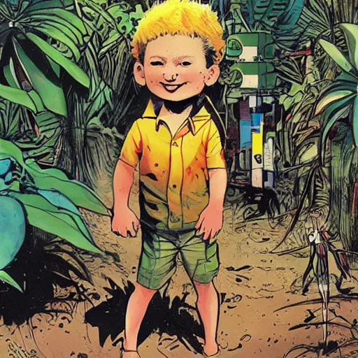 Prompt: Sergio Bleda and Jérémy Petiqueux and Alex Maleev artwork of a boy super scientist in a retro jungle explorer costume