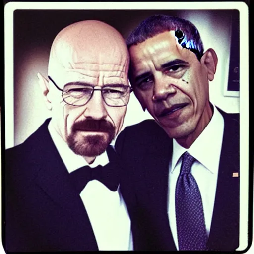 Prompt: Walter White and Barack Obama selfie, polaroid