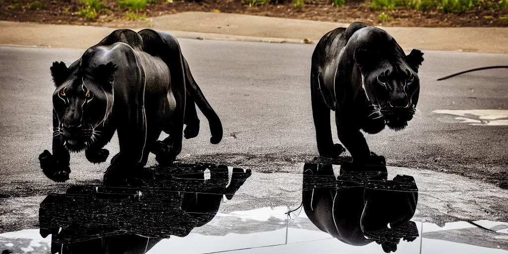 Image similar to the black lioness made of ferrofluid, dripping tar, drooling ferrofluid, crawling out of the air vent. dslr, photography, animal photography, goo, reflections, sticky, melting