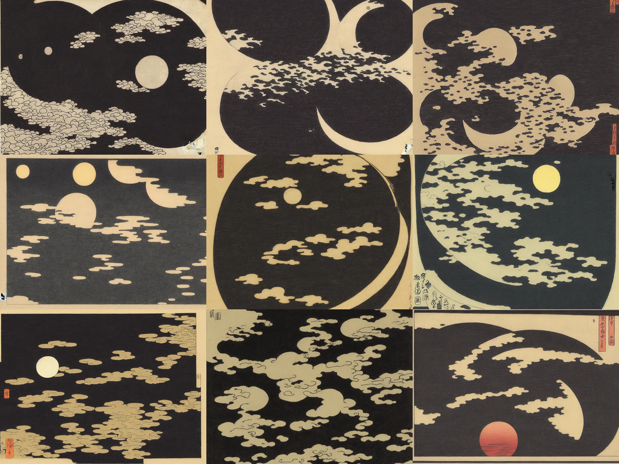 Prompt: a ukyo-e painting of a black moon by Hokusai, very ethereal, floating world, glass reflections, crescent moon