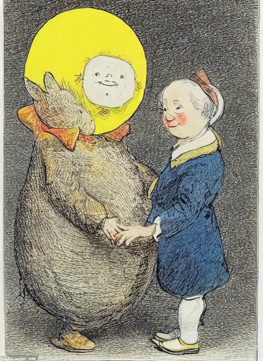 Image similar to candid portrait of a yellow caricature of a moon smiling, illustrated by peggy fortnum and beatrix potter and sir john tenniel