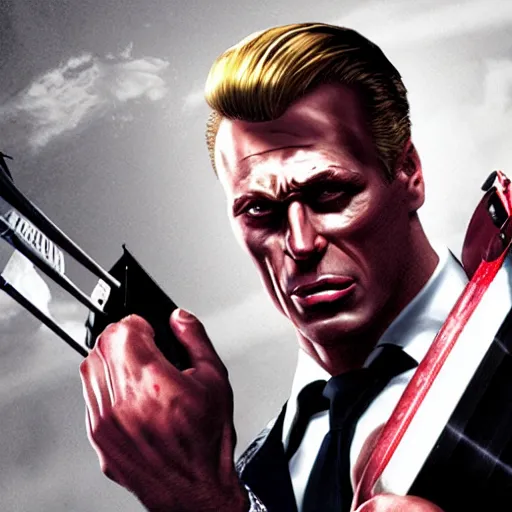 Image similar to duke nukem as the american psycho, staring intensely, duke nukem art style, explosive background, cinematic still