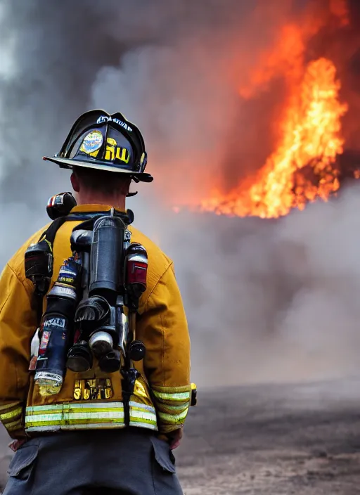 Prompt: a 3 5 mm photo from the back of a firefighter standing in front of a burning building, bokeh, canon 5 0 mm, cinematic lighting, film, photography, depth of field, award - winning