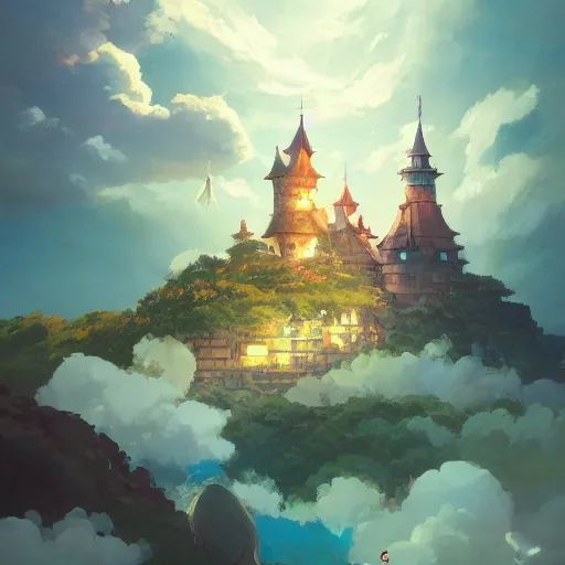 Prompt: A castle in the clouds, Studio Ghibli, animated, illustrated, vibrant, by Greg Rutkowski and Ilya Kuvshinov, artstation, oil painting, detailed, 4k, colorfull