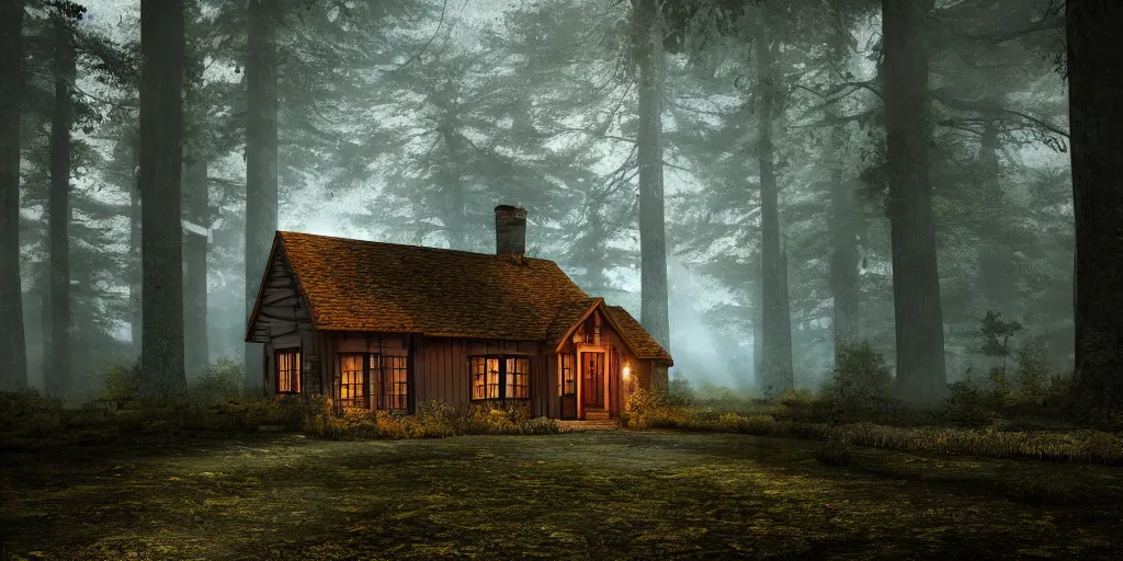 Image similar to a cottage in the woods and empty woods, 8k, fantasy, hyper realistic, dramatic lighting, cinematic