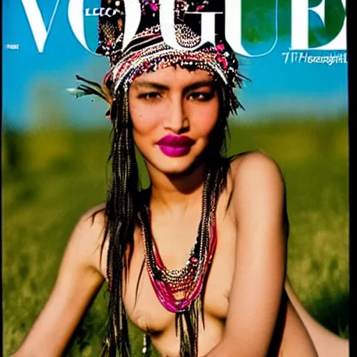 Image similar to a beautiful professional photograph by hamir sardar, herb ritts and ellen von unwerh for the cover of vogue magazine of a beautiful and unusually attractive native yanomami female fashion model looking at the camera in a flirtatious way, leica 5 0 mm f 1. 8 lens