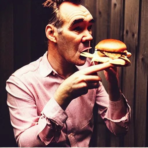 Prompt: “ morrissey eating a hamburger ”