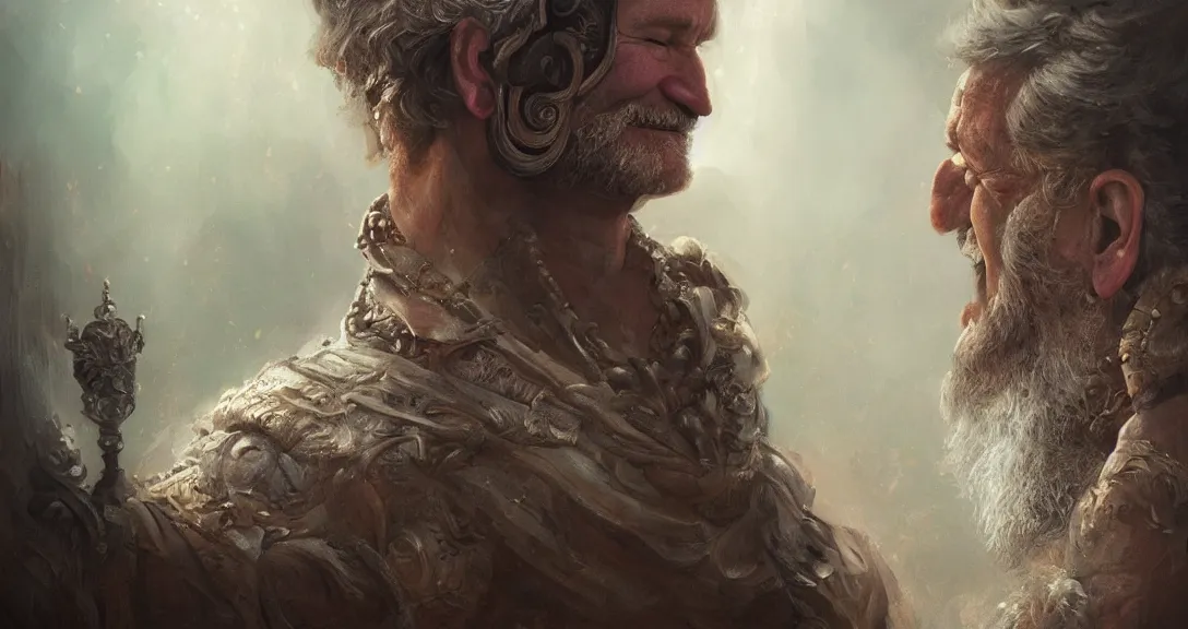 Image similar to robin williams as god, heavem, portrait, intricate, detailed, volumetric lighting, scenery, digital painting, highly detailed, artstation, sharp focus, illustration, concept art, ruan jia, steve mccurry