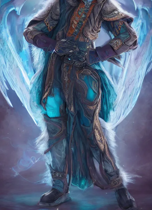 Prompt: An epic fantastic realism comic book style portrait painting of an aasimar hexblade warlock, teal electricity, male, grand angel wings, silver hair, short beard, embers falling, D&D Concept Art, unreal 5, DAZ, hyperrealistic, octane render, cosplay, RPG portrait, dynamic lighting