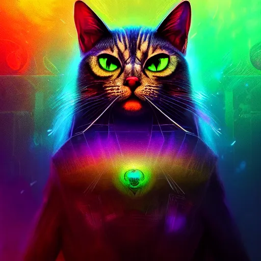 Prompt: beautiful rainbow cat. intricate portrait, occult cyberpunk, ancient futuristic, dark art, occult. by Petros Afshar, by artgerm, by Eddie Mendoza, by Peter mohrbacher, octane render, 3d, unreal engine, depth of field, bokeh, motion blur, blur