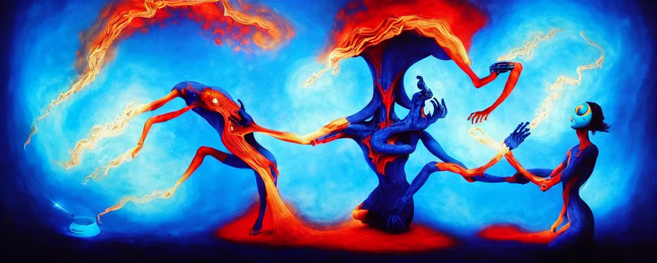 Image similar to whimsical blue fiery alchemical creatures, surreal dark uncanny painting by ronny khalil