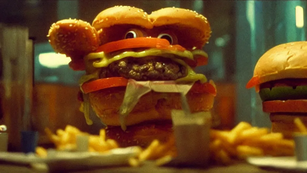 Image similar to the strange cheeseburger creature at the fast food place, film still from the movie directed by denis villeneuve and david cronenberg with art direction by salvador dali and zdzisław beksinski, commercial, wide lens