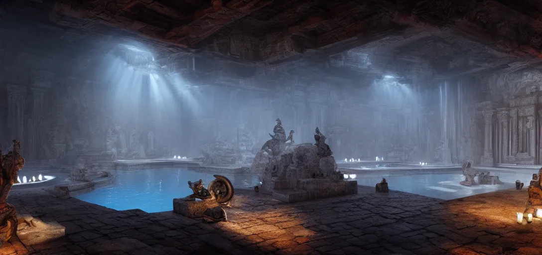 Prompt: dramatic photo of underground aztec interior, ambient occlusion, glowing pool of water, ancient goden statues, raytracing, unreal engine, dramatic lighting, detailed,, global illumination, god rays, 3 d artstation by greg rutowski and jessica rossier