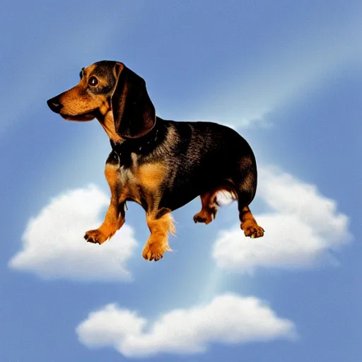 Image similar to an elderly, grey wire-haired dachshund floating in heaven, blue sky, surrounded by beautiful white clouds, with a halo