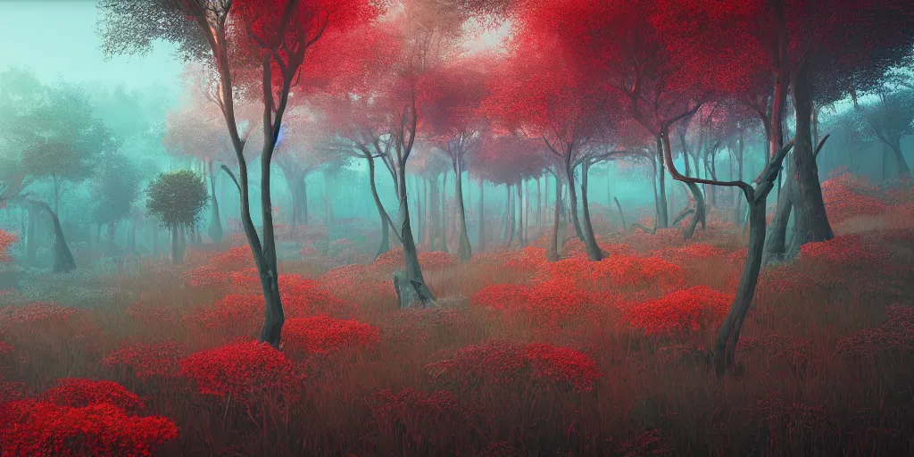 Image similar to abstract 3d landscape forest painting by james jean and David Schnell with 1000 year old trees painted in no mans sky style, redshift, octane