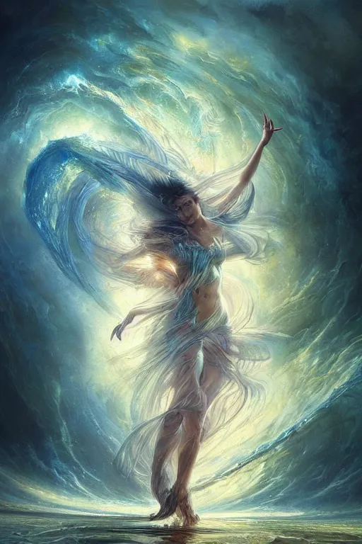 Image similar to a fractal dancer in a tornado emerges from a stormy sea by artgem and greg rutkowski and karol bak, vivid colors, trippy, nebula, trending on artstation