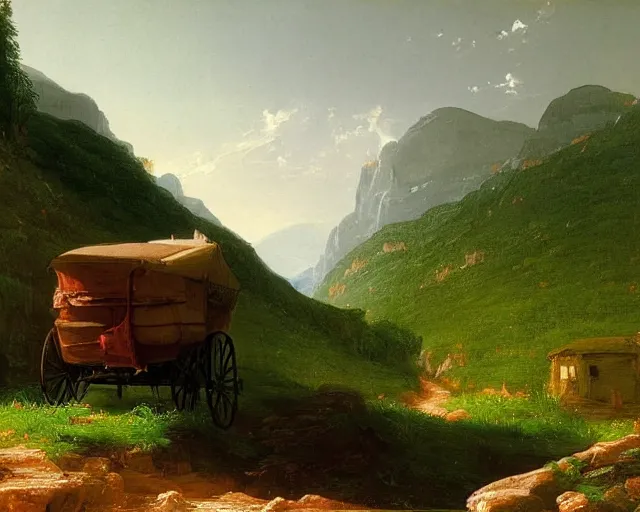 Image similar to a painting of a covered wagon traveling down a road by a mountain, lush countryside, early morning, thomas cole