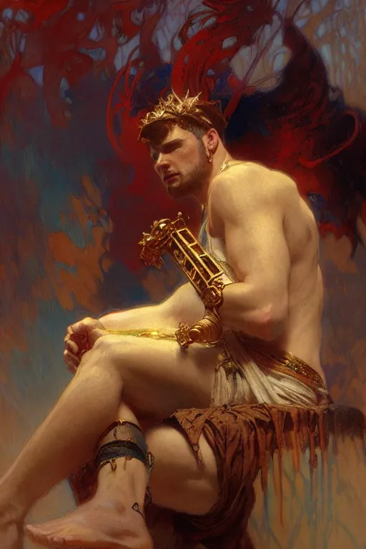 Image similar to god of music, male character design, painting by gaston bussiere, craig mullins, greg rutkowski, alphonse mucha, trending on artstation