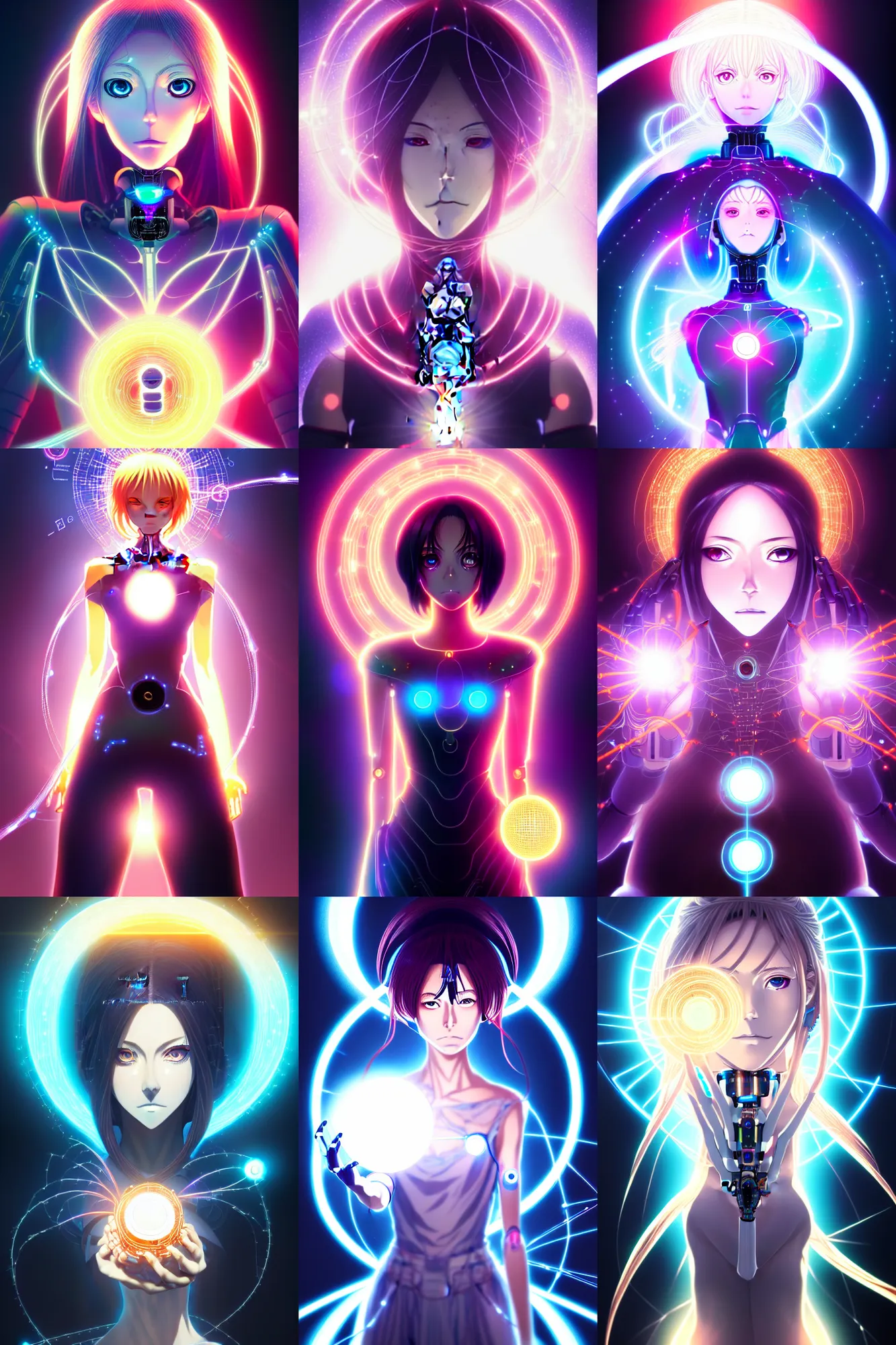 Prompt: portrait of the goddess of artificial intelligence as a half robotic beautiful girl, holding a shining orb of data, threads of light in the background, detailed eyes, by tite kubo and bleach and ufotable and wit studio and guweiz, extremely high quality artwork, very detailed, trending on artstation