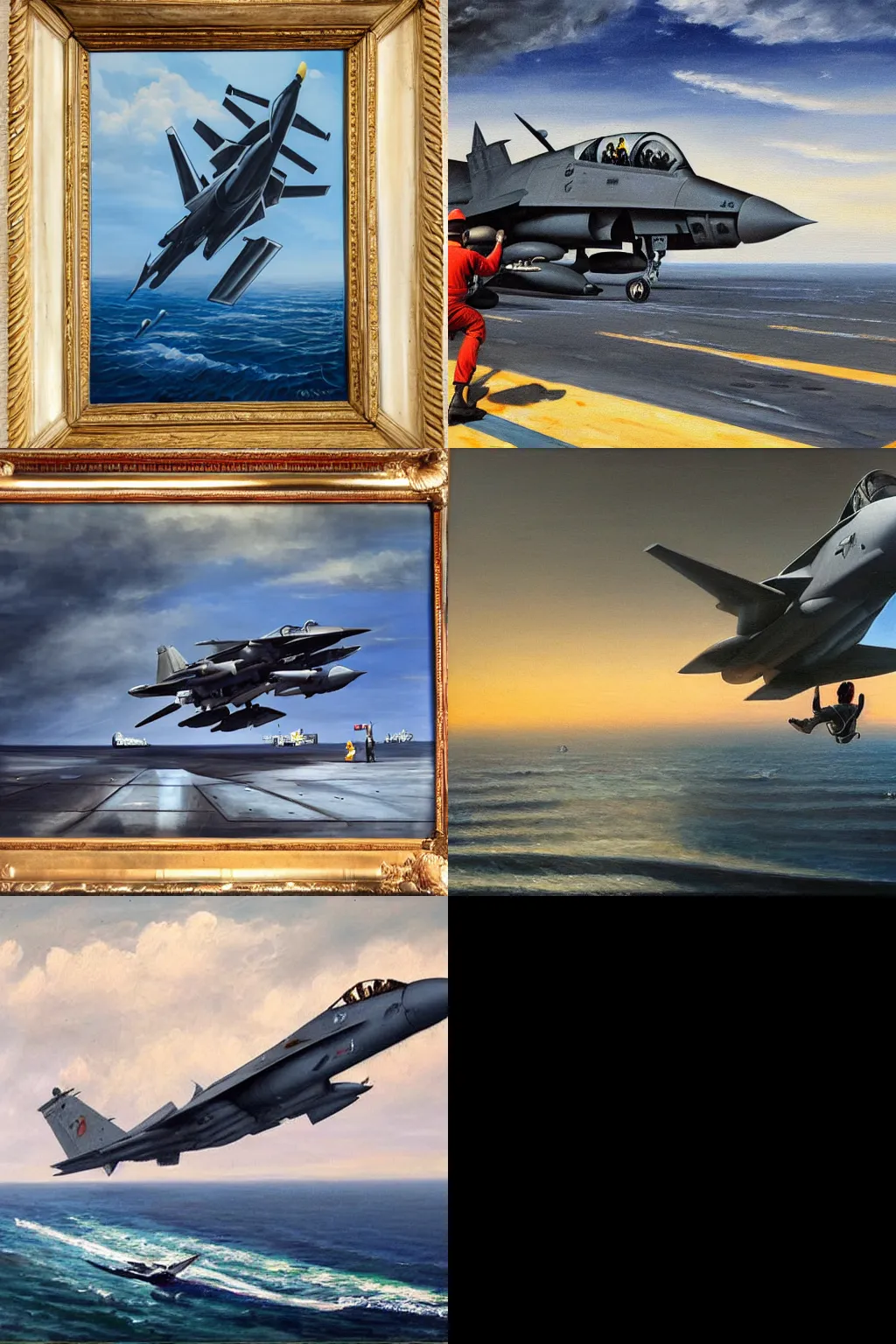 Prompt: oil painting man climbing into fighter jet on aircraft carrier at sea