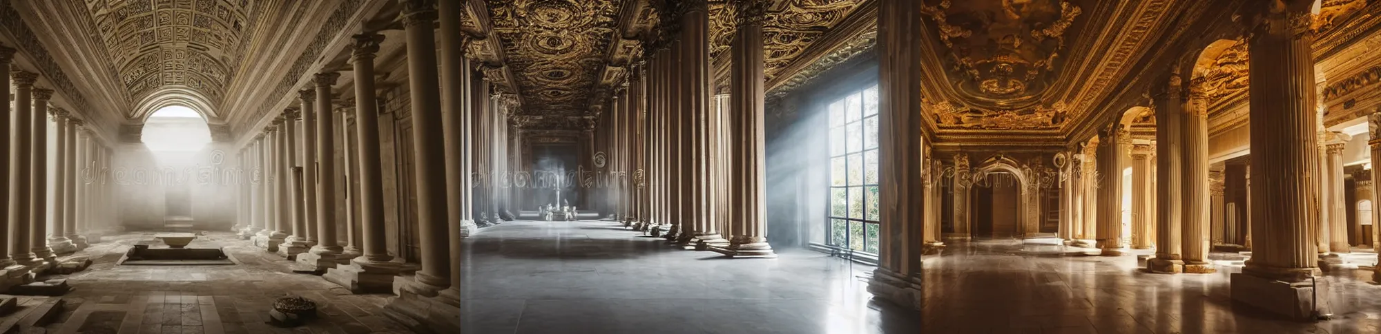 Prompt: inside of a magnificent classical temple, ambient light, mist