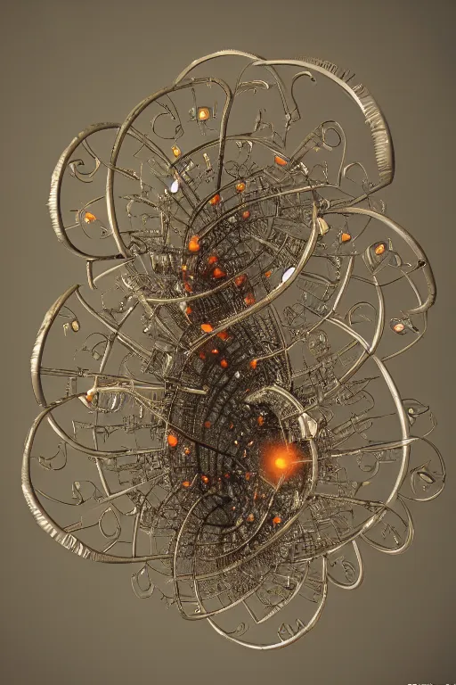 Prompt: a recursive spiral fractal made of scrap metal and glowing sphrerical gemstones and leaves and feathers, 3 d, trending on artstation, octane render, 8 k