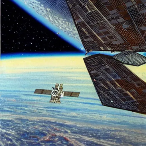 Prompt: distant view of abandoned beautiful space station floating in empty space, robert mccall