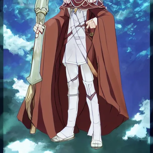 Image similar to teen fantasy boy in cloak with a staff with long brown hair covering a gem imbed on his forehead in a fantasy setting, tsubasa chronicles style, anime style