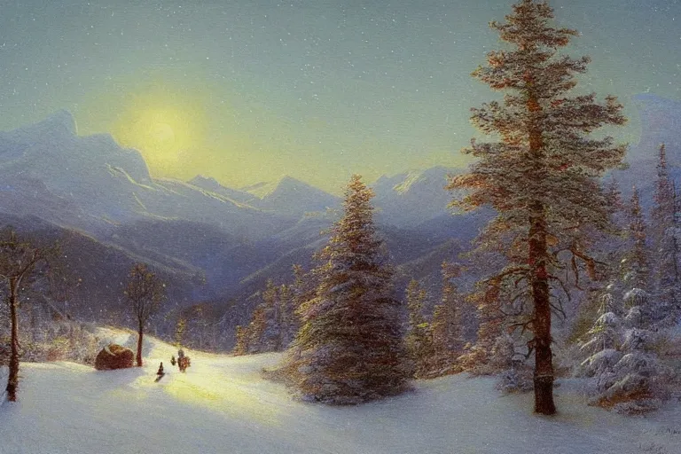 Image similar to mountains, trees, beautiful nature, winter, night, stars, snow, very detailed, focused, oil painting, colorful, canvas, artstation, Sydney Mortimer Laurence, Albert Bierstadt, Theodor Kittelsen