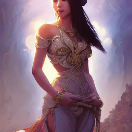 Image similar to full body portrait of asian beautiful girl, d & d, fantasy, intricate, elegant, highly detailed, digital painting, artstation, concept art, smooth, sharp focus, illustration, cinematic dramatic atmosphere, volumetric lighting, smooth, highly detailed, art by artgerm and greg rutkowski and alphonse mucha