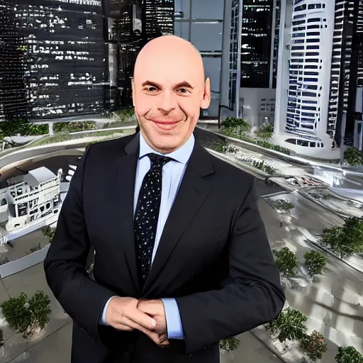 Image similar to a giant middle aged balding blue eyed white man dressed in a white shirt, gray pants and black dress shoes standing in a miniature city