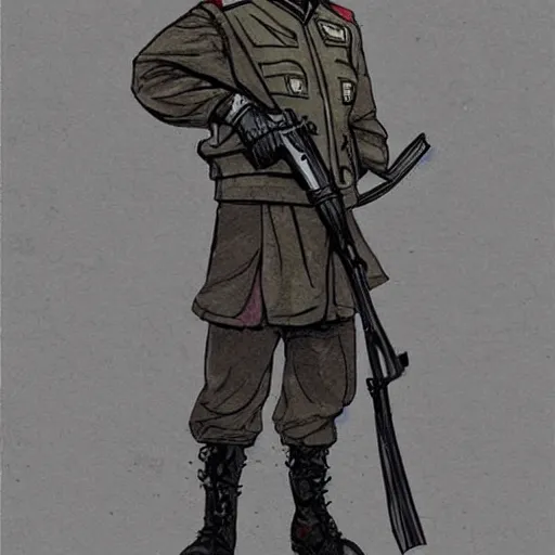 Prompt: A North Korean resistance rebel soldier , Artwork by Kim Jung Gi, Kim Jung Gi style, ink, concept character design