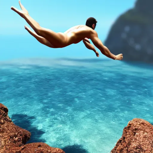 Image similar to Cliff divers by a crystal clear ocean, photorealistic, detailed, 8K