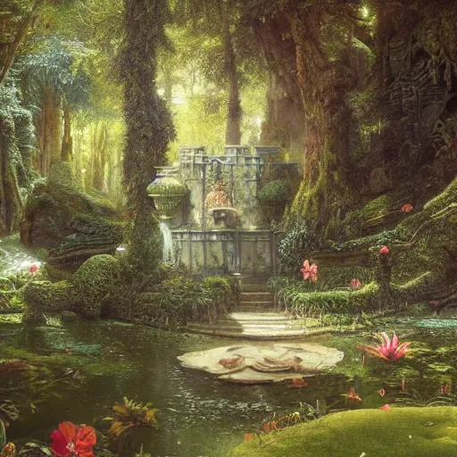 Image similar to a beautiful and highly detailed matte painting of a magical wishing well in a fantasy garden in a lush forest deep in the mystical mountains, intricate details, epic scale, insanely complex, 8 k, sharp focus, hyperrealism, very realistic, by caspar friedrich, albert bierstadt, james gurney, brian froud,