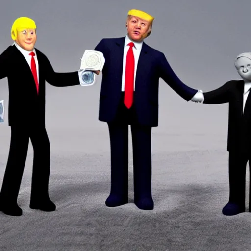 Image similar to boris johnson and vladimir putin and donald trump holding hands, raining dollars, 4 k, dslr photo, realistic, accurate