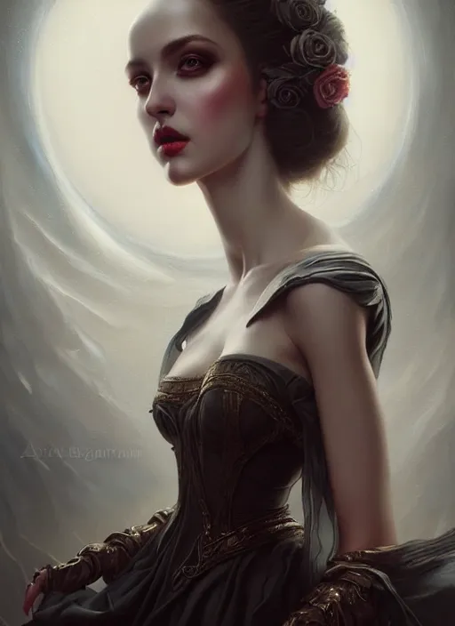 Image similar to a beautiful woman with baroque dress, painted by artgerm and tom bagshaw, fantasy art, dramatic lighting, highly detailed oil painting