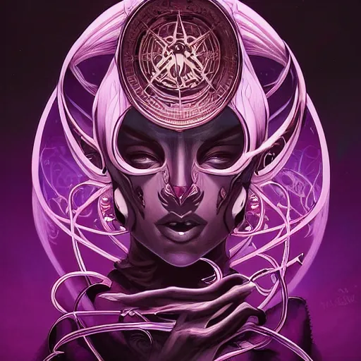 Image similar to vantablack occultist, pitchblack mask, beautiful, detailed symmetrical close - up portrait, intricate complexity, in the style of artgerm and peter mohrbacher, cel - shaded, purple tones