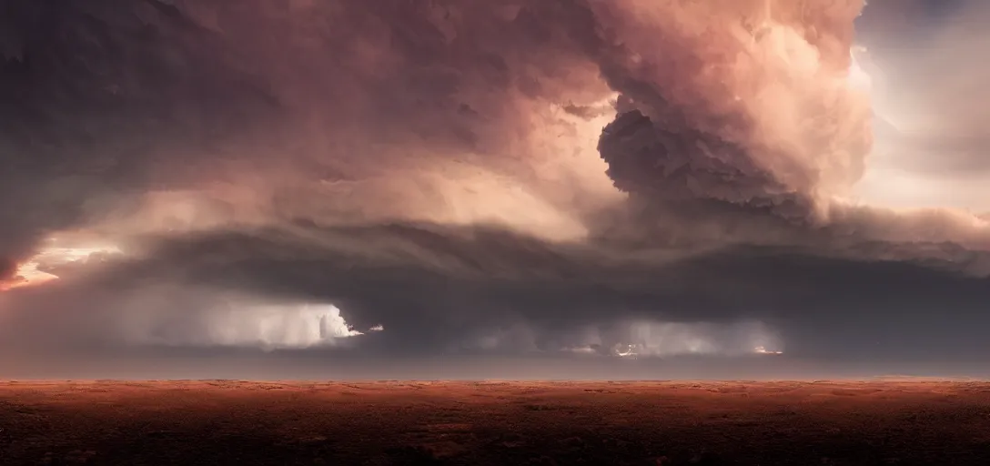 Prompt: a beautiful picture of a dark distant thundercloud in a desert, shelf cloud, intricate detail, impending doom, sunset, serene, volumetric lighting, volumetric clouds, 8 k, hyperrealistic, digital art trending on artstation