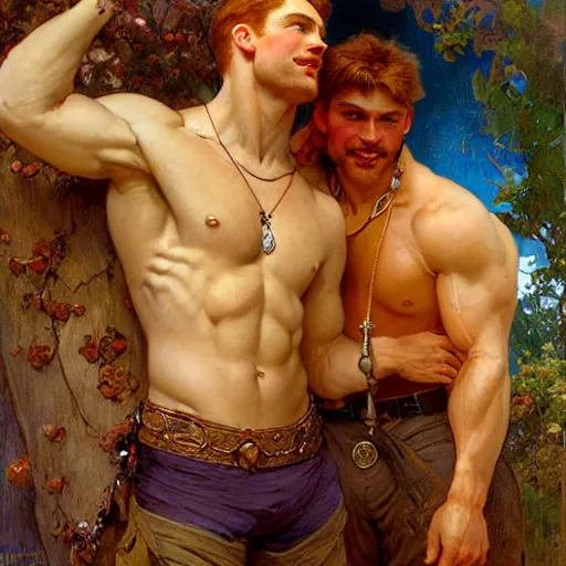 Image similar to attractive muscular mike with ginger hair and muscular attractive ty with brunet hair, drinking their hearts out, boys night out. highly detailed painting by gaston bussiere, craig mullins, j. c. leyendecker, alphonse mucha 8 k