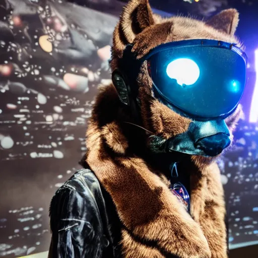 Image similar to furry convention on mars, animal costumes, 8 k photography, cyberpunk