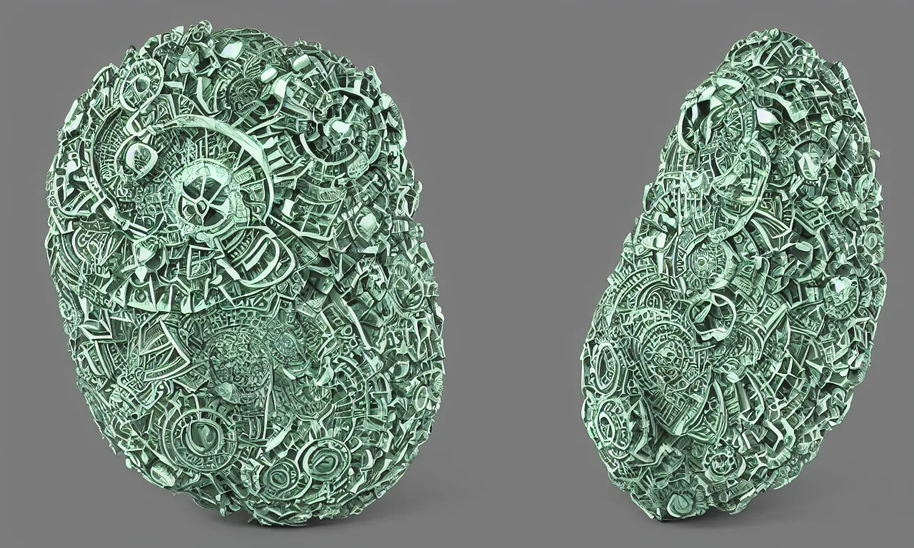 Image similar to mandrelbot 3 d volume fractal mandala ceramic chakra digital color stylized an ancient white bone and emerald gemstone relic, intricate engraving concept 3 d point lighting natural color scheme