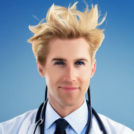 Prompt: blond doctor jumping out of a helicopter, his hair waving in the wind