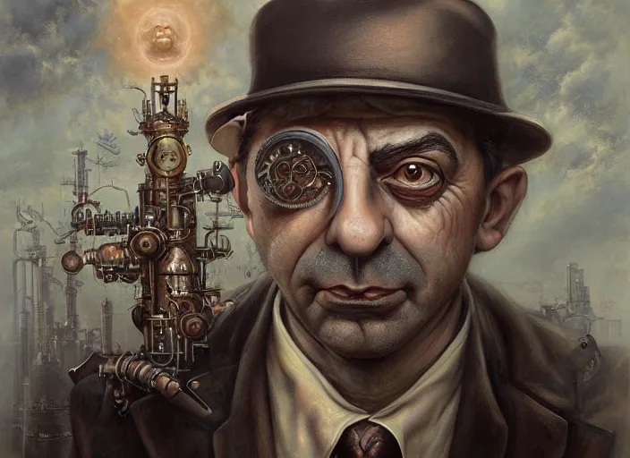 Image similar to steampunk portrait of rowan sebastian atkinson, by tomasz alen kopera and peter mohrbacher