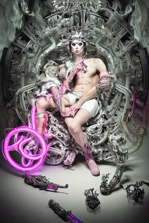 Image similar to full-body rococo and cyberpunk style neon statue of a young attractive portugues macho dotado e rico android sim roupa reclining con piroca dura, glowing white laser eyes, prince crown of pink gears, diamonds, swirling silver-colored silk fabric. futuristic elements. full-length view. space robots. human skulls. intricate artwork by caravaggio. Trending on artstation, octane render, cinematic lighting from the right, hyper realism, octane render, 8k, depth of field, 3D