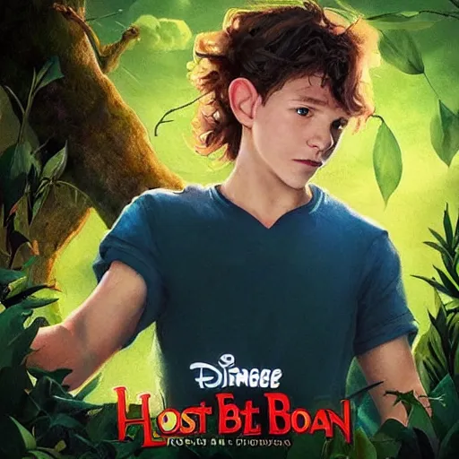 Prompt: Tom Holland as the lost boy from neverland,green eyes,blue shirt,detailed, 8k hd,by rossdraws and greg rutkowski,in the style of a Instagram profile picture