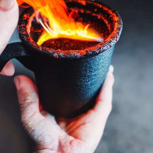 Image similar to You holding lava in cup, POV, hyperrealistic, detalied, high quality, photorealistic, photography, HD,